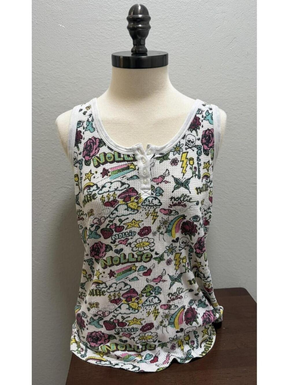 Y2K Nollie Waffle Tank White Knit Sz XL Vintage Colorful